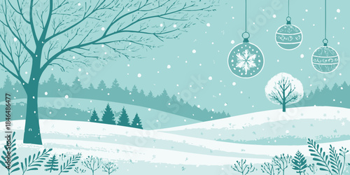 Winter wonderland scene with snow falling on trees and hanging ornaments