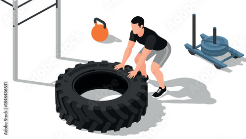 Isometric fitness training: man lifting tire with gym equipment