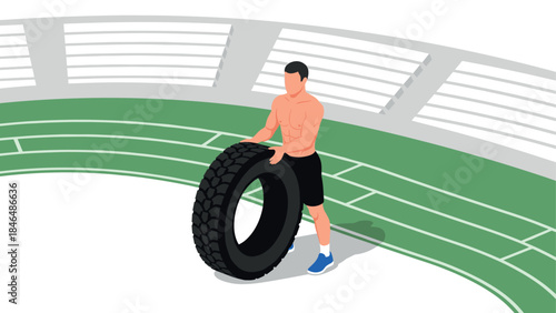 Man lifting tire on track: fitness and strength training activity