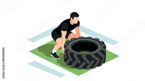 Strong athlete lifting large tire with determination in isometric style