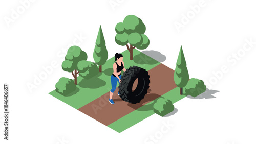 Isometric woman exercising outdoors with tire on park pathway