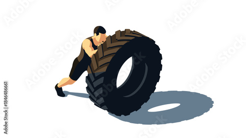 Athlete pushing large tire in rugged fitness training