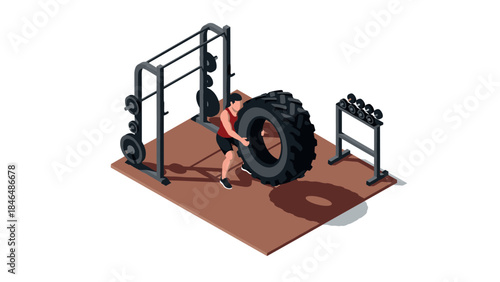 Man lifting tire in gym with equipment rack in isometric design