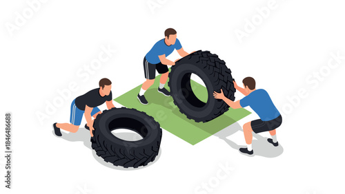 Isometric gym workout: three people engaging in tire flip exercise