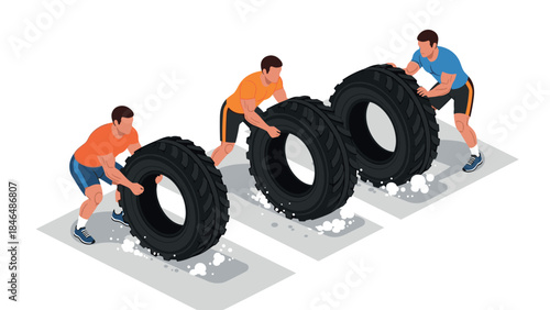 Isometric fitness training: men flipping tires for strength