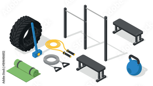 Isometric fitness equipment set featuring tire, sledgehammer, rope, kettlebell, and more