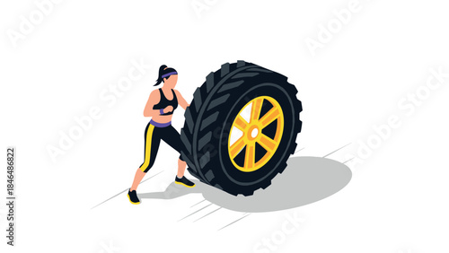 Isometric fitness woman lifting tire in workout routine