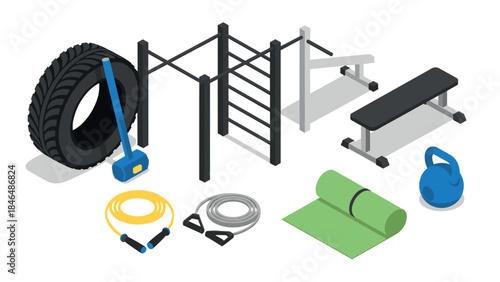 Outdoor gym equipment collection for fitness training in isometric style