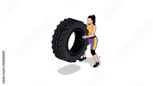Woman performing tire flip exercise in colorful athletic wear
