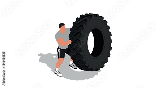 Strongman training with tire flip in isometric style on white background
