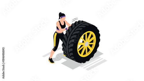 Isometric female athlete flipping tire for fitness training on white background