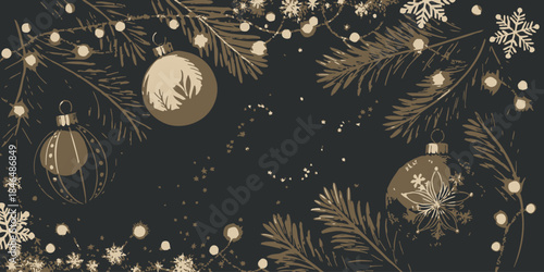 Elegant gold Christmas ornaments on dark background with snowflakes and lights