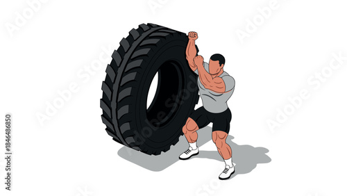 Determined athlete lifting heavy tire in dynamic isometric art style