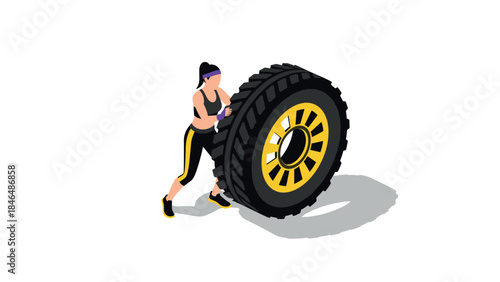 Isometric fitness woman flipping tire for strength training
