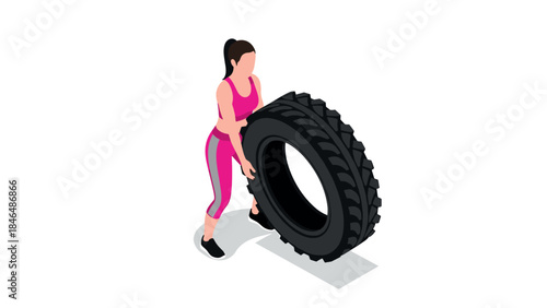 Woman lifting large tire in gym for fitness exercise training in isometric style