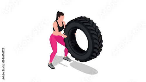 Woman lifting tire in athletic workout routine with isometric style