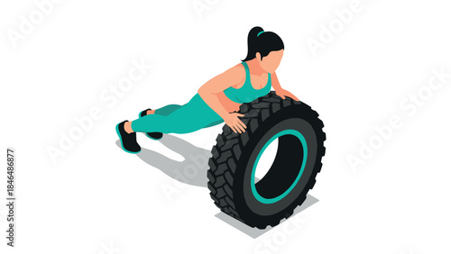 Fitness enthusiast exercising with tire in isometric style