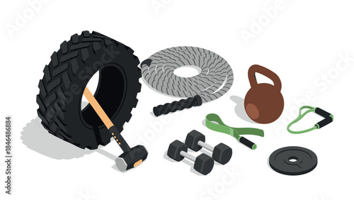 Isometric crossfit training equipment: kettlebells, dumbbells, and tire for gym workouts