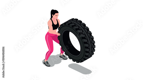 Athletic woman lifting tire in modern isometric style for fitness and strength training concept