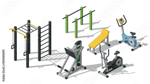 Isometric outdoor and indoor gym equipment set with exercise bike and fitness bench