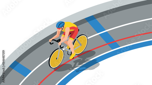 Cyclist racing on velodrome track in isometric style with bold colors and dynamic motion