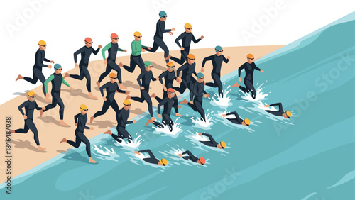 Isometric triathlon athletes running into the ocean in colorful swimwear and wetsuits