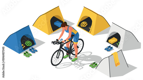 Camping setup with cyclist and tents in isometric style