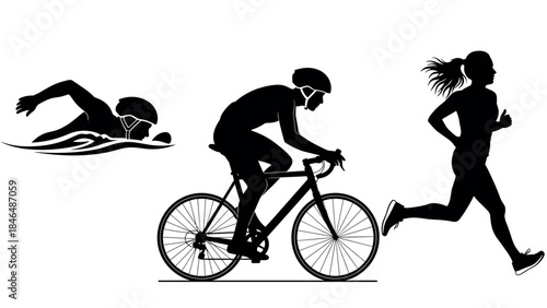 Silhouette triathlon athletes: swim, cycle, run in dynamic black and white