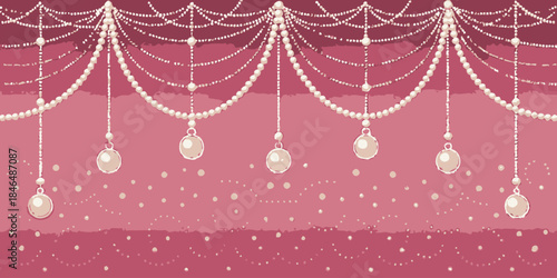 Elegant pink background with pearl beads and ornaments hanging