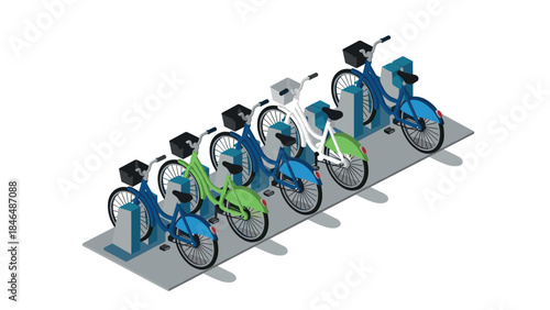 Isometric bike rack with colorful bicycles on charging stations for eco-friendly urban transport