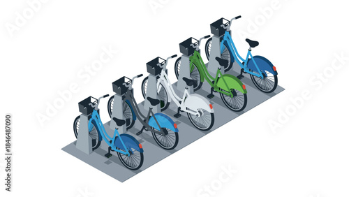 Isometric city bike sharing station with colorful bicycles