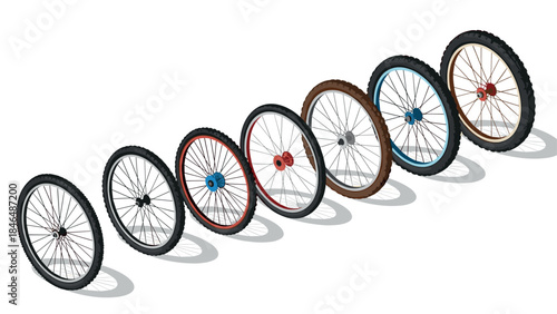 Isometric bicycle wheels with shadows in various colors on white background