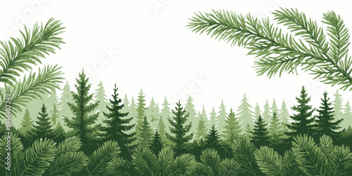 Serene forest landscape with lush green pine trees and foliage