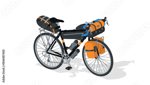 Isometric touring bike with gear loaded for adventure travel