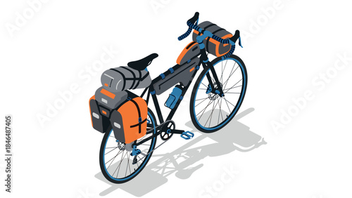 Isometric touring bicycle with luggage in minimalist style