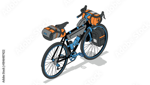 Isometric touring bicycle with luggage in vibrant colors for cycling adventures