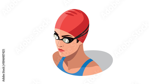 3d swimming athlete with red cap and goggles in blue swimsuit on white background