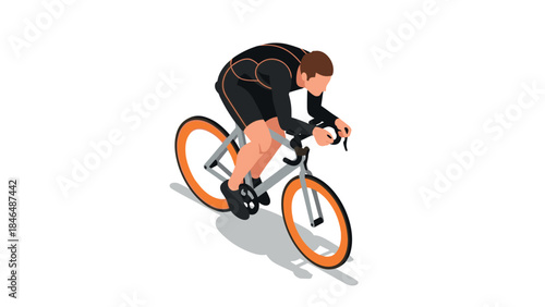 Isometric cyclist racing on orange bicycle with shadow in dynamic pose