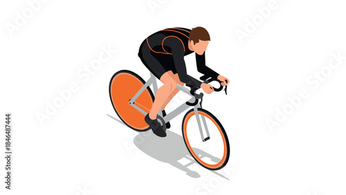 Cyclist riding racing bicycle in isometric design with orange accents