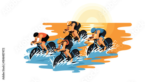 Cyclists racing through water at sunset in dynamic flat style