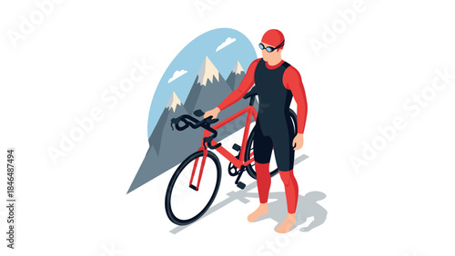 Cyclist in triathlon suit with mountain backdrop in isometric design