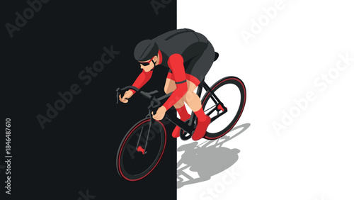 Isometric bicyclist in dynamic split background design with bold contrast