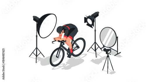 Indoor cycling photography setup with professional lighting and equipment in isometric style