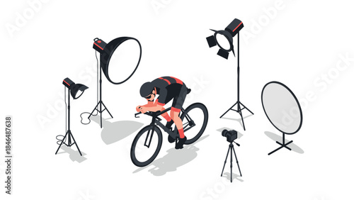 Isometric cyclist training with professional camera and studio lights
