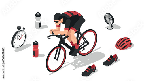 Cyclist and gear in isometric style: sporty design with unique perspective and athletic elements