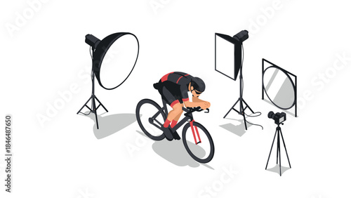 Cyclist in photo studio with professional lighting and camera equipment in isometric style