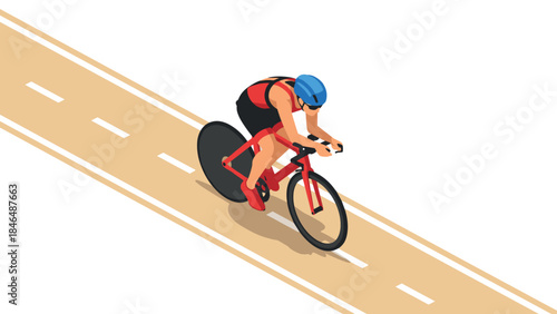 Isometric cyclist racing on track with blue helmet and red bike in motion
