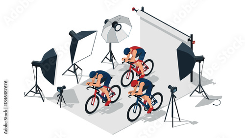 Cyclists in studio photoshoot with professional lighting and equipment