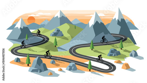 Cyclist adventure in mountain landscape at sunset with winding roads and silhouetted figures