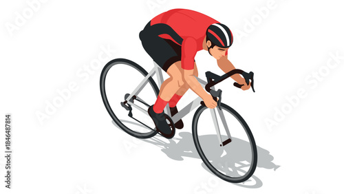 Isometric cyclist in red jersey riding a racing bicycle on white background